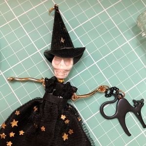Halloween Pendant ~ WITCH + BLACK CAT ~ Day of the Dead Jewelry, Halloween Charm